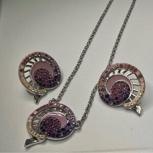 Vintage Swarovski Crystal Swirl Necklace & Earrings Set Purple Pink Silver Tone